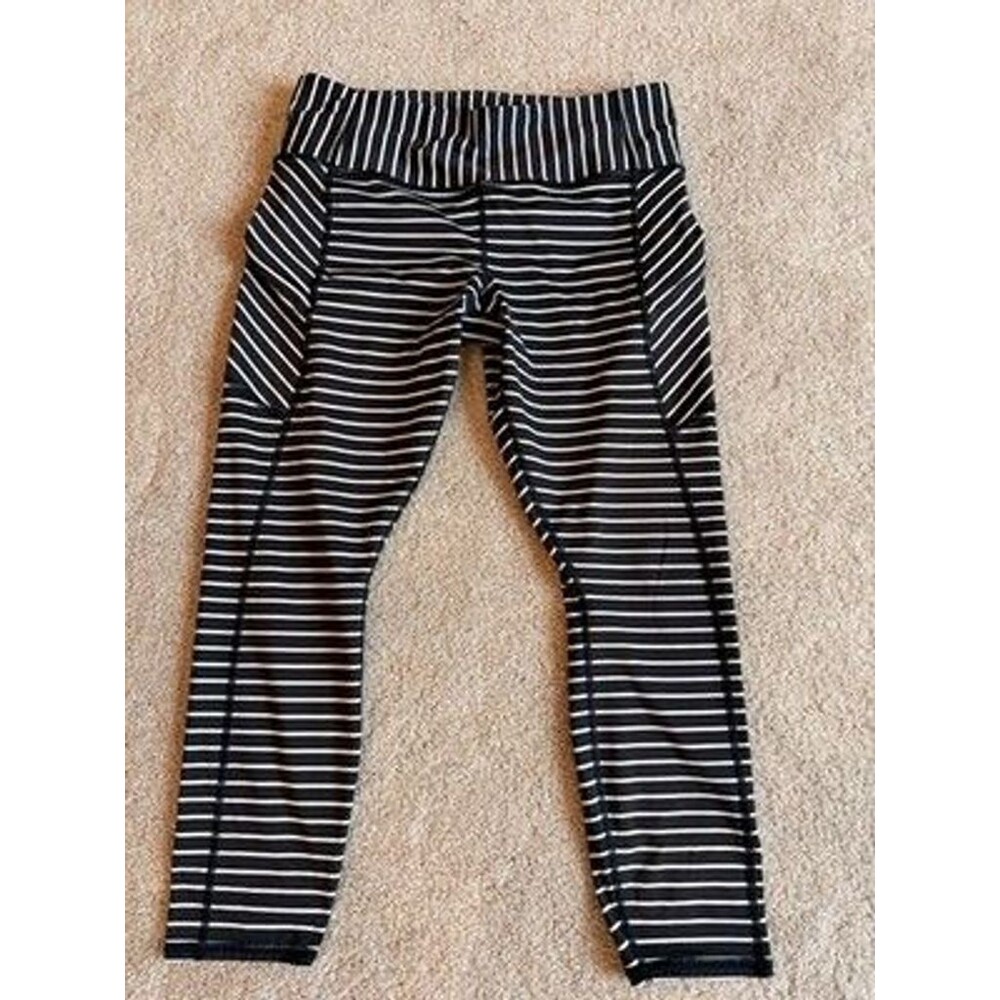 Athleta Womens Medium Petite High Rise Ankle Leggings Black White Stripe Pockets